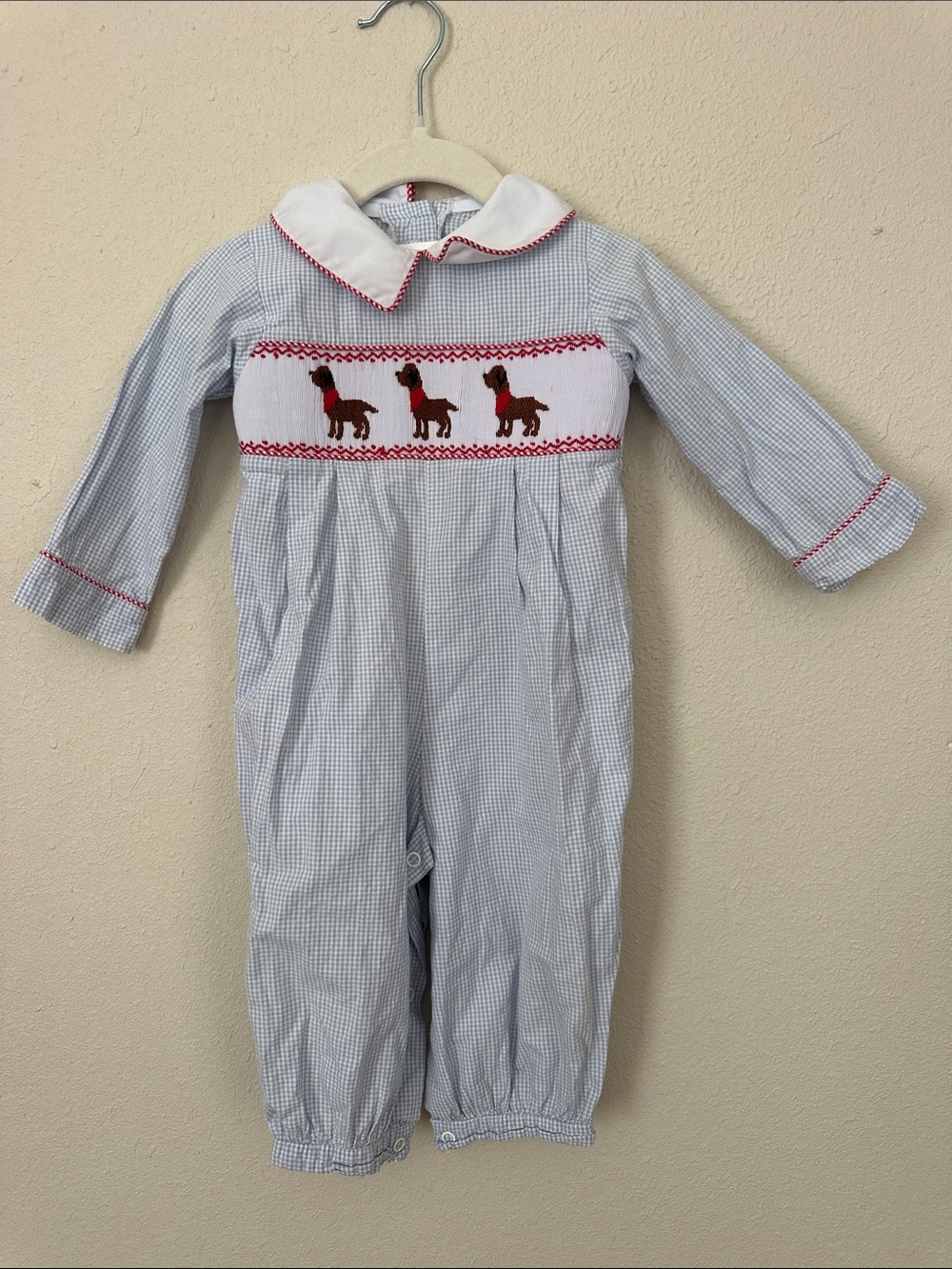 Shrimp & Grits Gingham Blue Smocked Puppy Longall